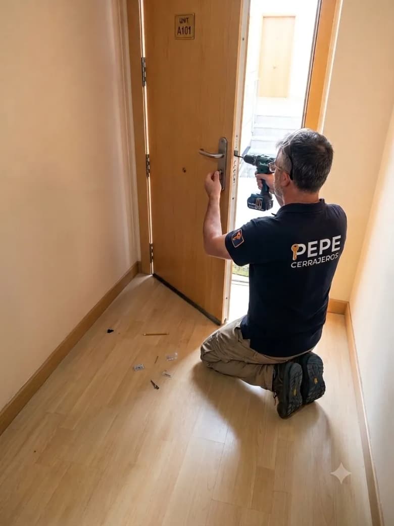 Cerrajero de Pepe Cerrajeros instalando una cerradura en una puerta en Sant Celoni